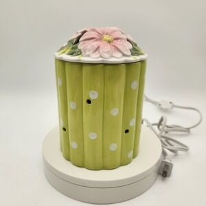 Ceramic Lime Green Electric Accent Lamp White Polka Dots 3D Pink Flower Lid